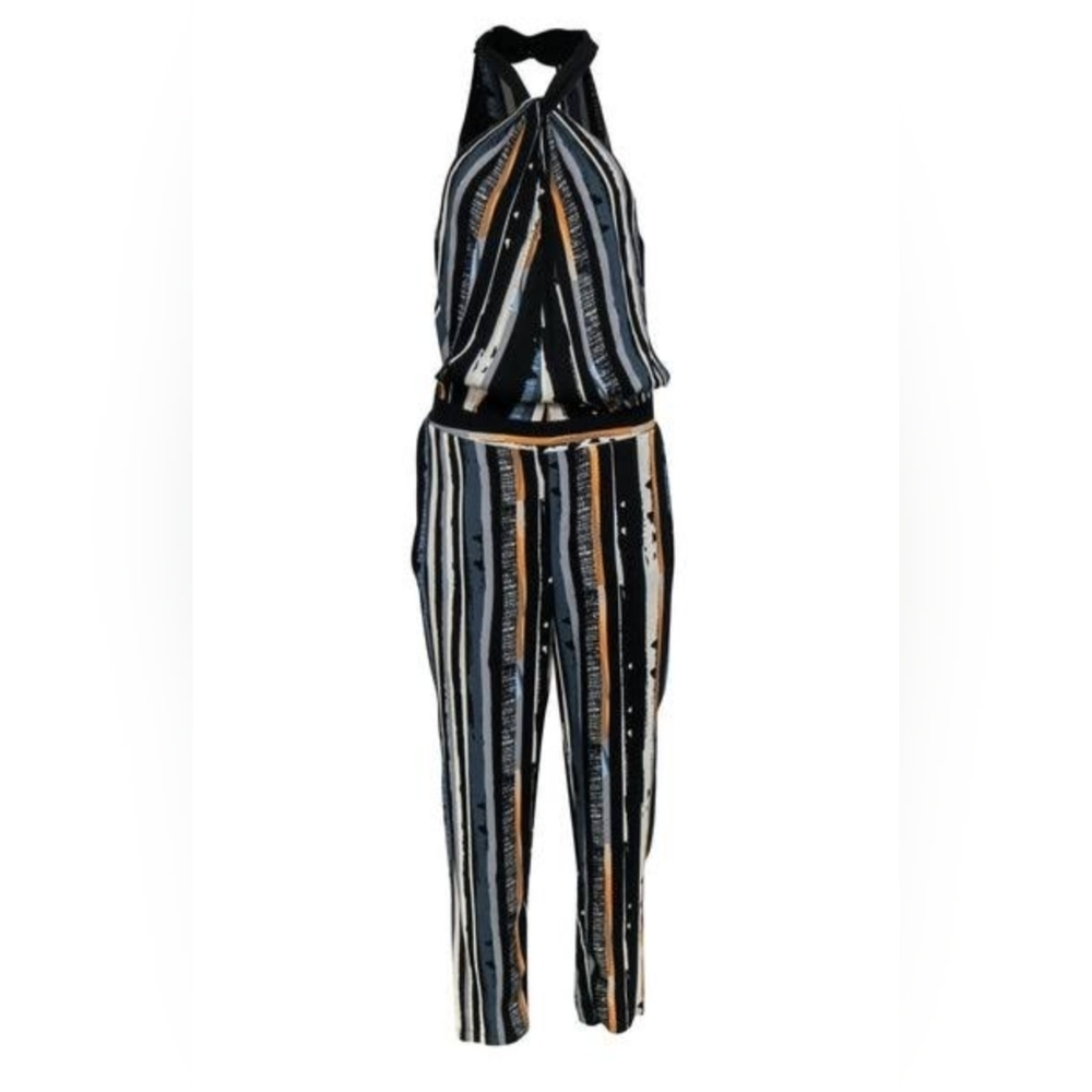 Ella Moss Striped Halter Jumpsuit Boho Resort Straight Leg Size S